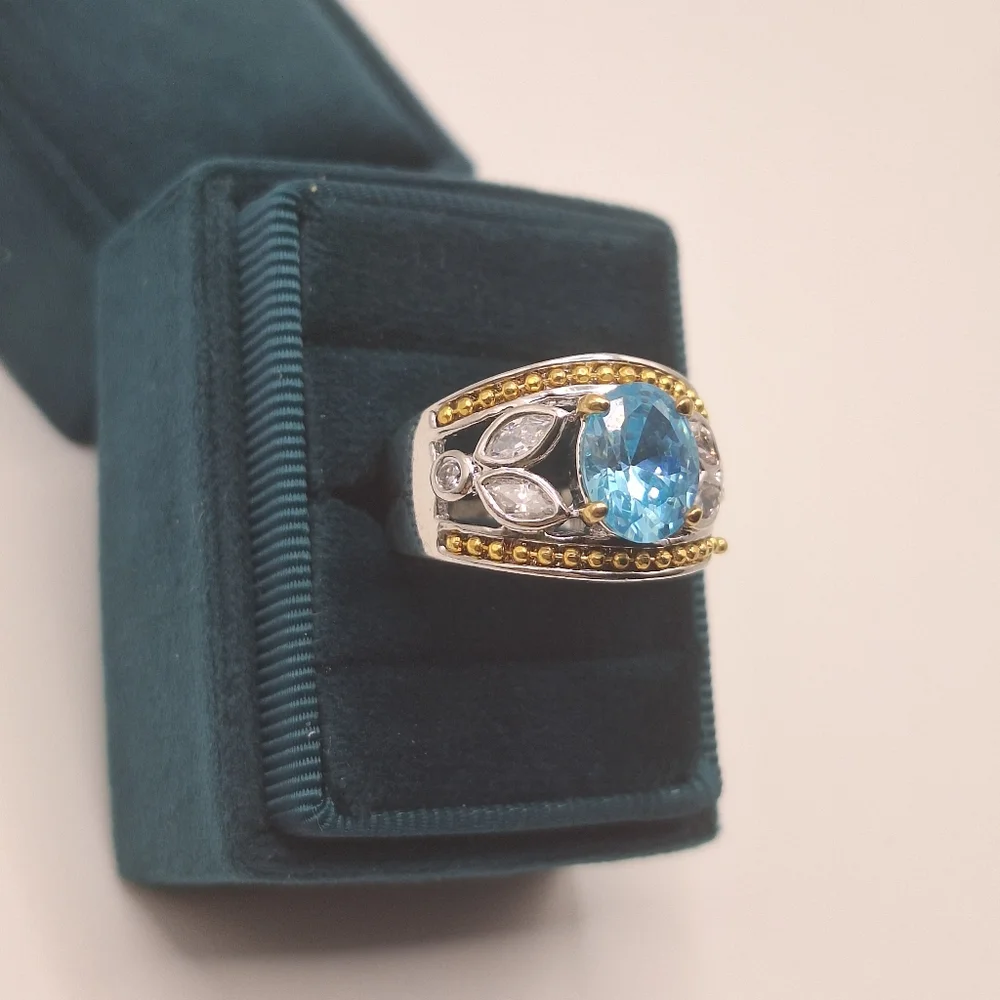 Blue Swarovski Crystal Oval Ring | Two-Tone Silver & Gold | Size 7
